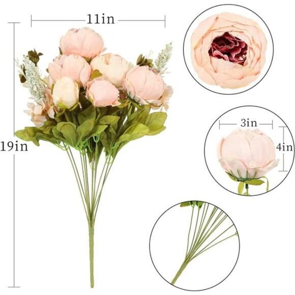 2pcs Vintage Artificial Peony Silk Flowers Bouquet (Light Pink Bud) - Picture 4 of 6